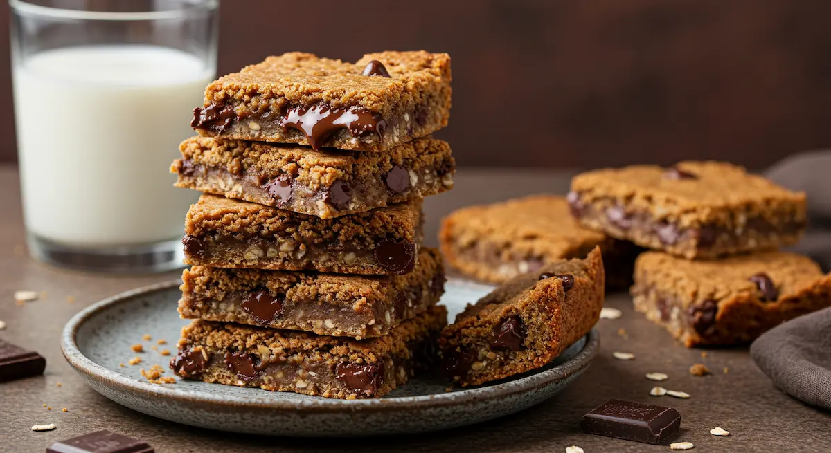 A close-up of Brown Butter Oatmeal Chocolate Chip Cookie Bars, with melted chocolate chips and golden brown oat texture, served on a plate.