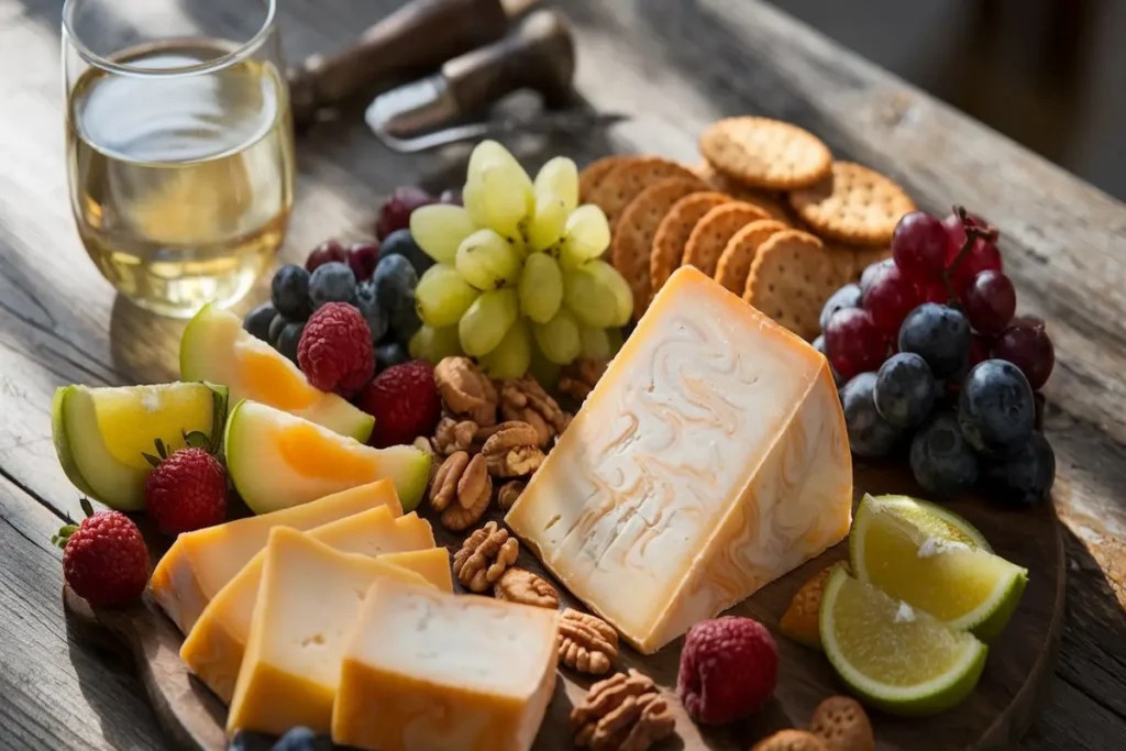 Colby Jack cheese on a wooden board with marbled orange-and-white texture, paired with fruits, nuts, and wine.