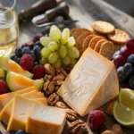 Colby Jack cheese on a wooden board with marbled orange-and-white texture, paired with fruits, nuts, and wine.