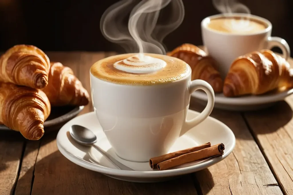 A rich and creamy cup of breve coffee with golden froth served on a wooden table beside a croissant and cinnamon stick.