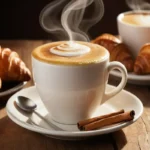 A rich and creamy cup of breve coffee with golden froth served on a wooden table beside a croissant and cinnamon stick.