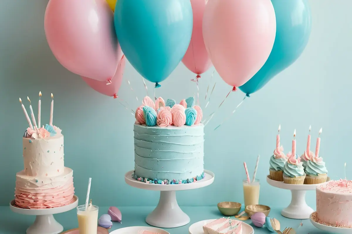 A beautifully designed gender reveal cake with pastel frosting, pink or blue filling, and vibrant party decorations.