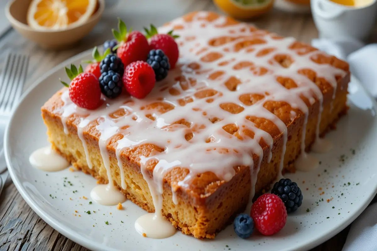 Moist kefir sheet cake with a citrus glaze and fresh berries on a rustic table.