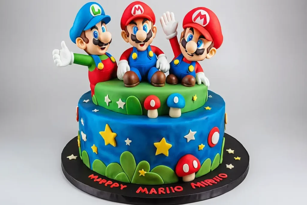 A vibrant Mario-themed cake decorated with red, blue, and green fondant, featuring edible Mario and Luigi figures with mushrooms and stars.