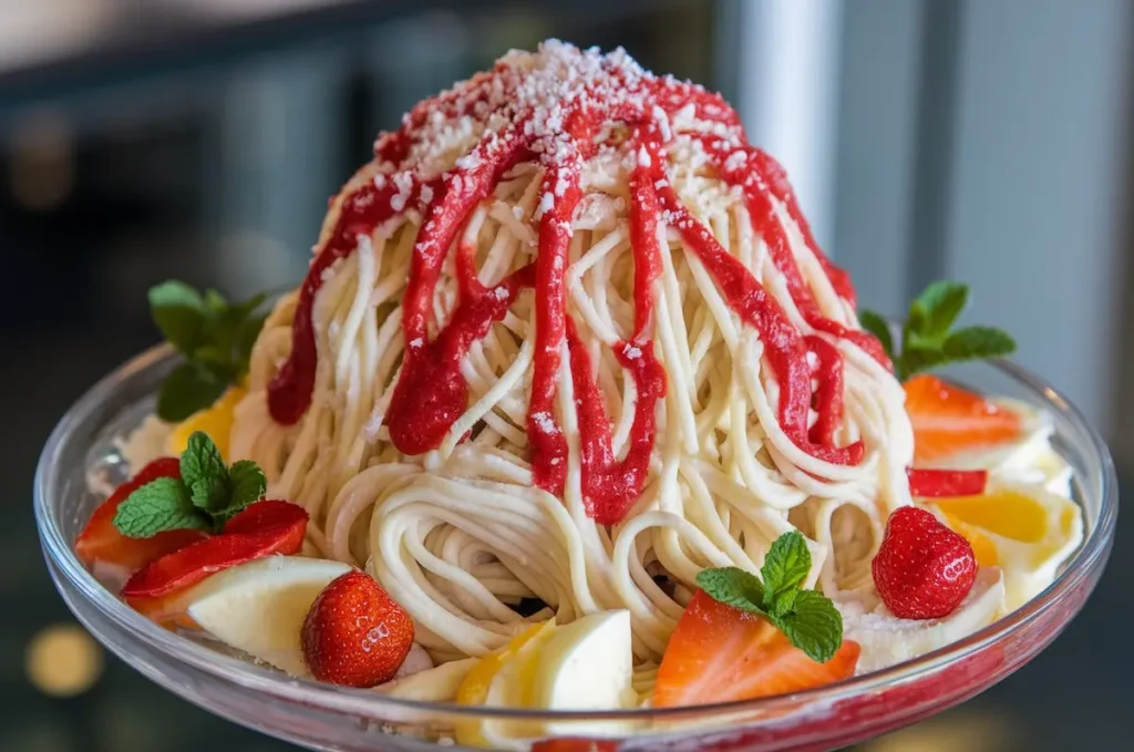 A plate of spaghetti ice cream with vanilla strands, strawberry sauce, and grated white chocolate, served with garnishes.