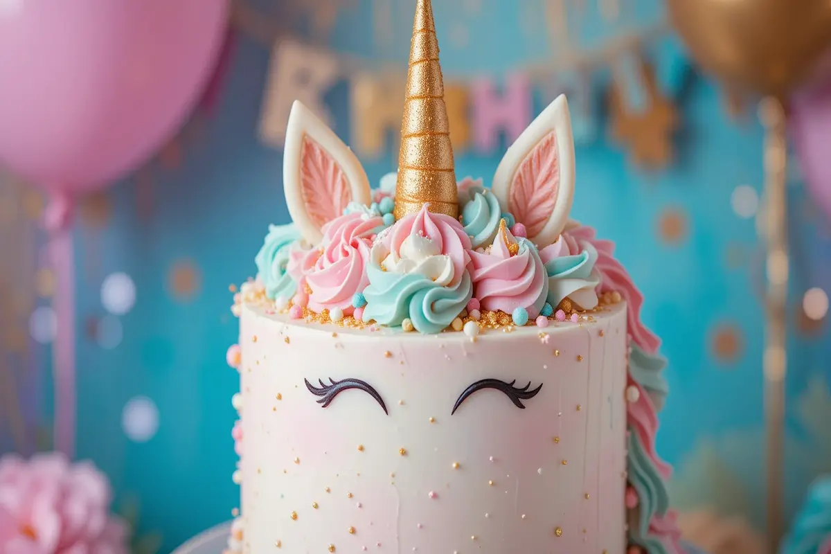 A colorful unicorn cake featuring pastel frosting swirls, a golden horn, fondant ears, and delicate edible floral decorations