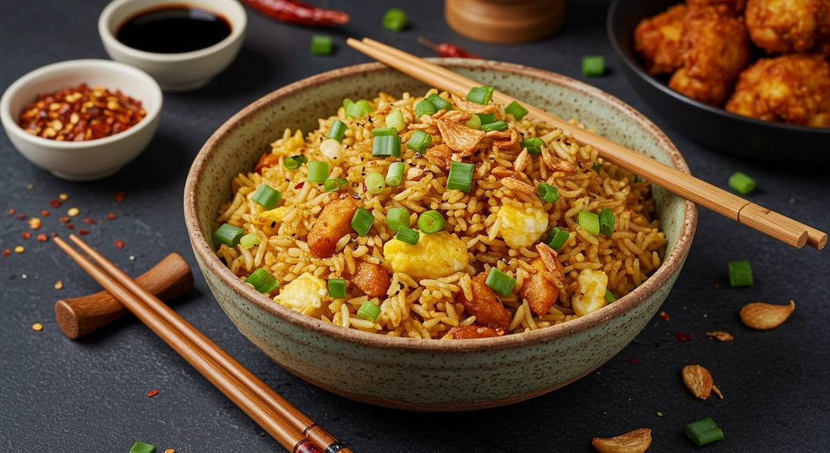 A plate of Anjappar Style Egg Fried Rice garnished with chopped spring onions, showcasing golden scrambled eggs and aromatic spices