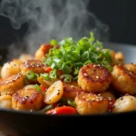 A sizzling pan of fishcakes and scallops stir fry with colorful vegetables, garnished with sesame seeds and fresh scallions.