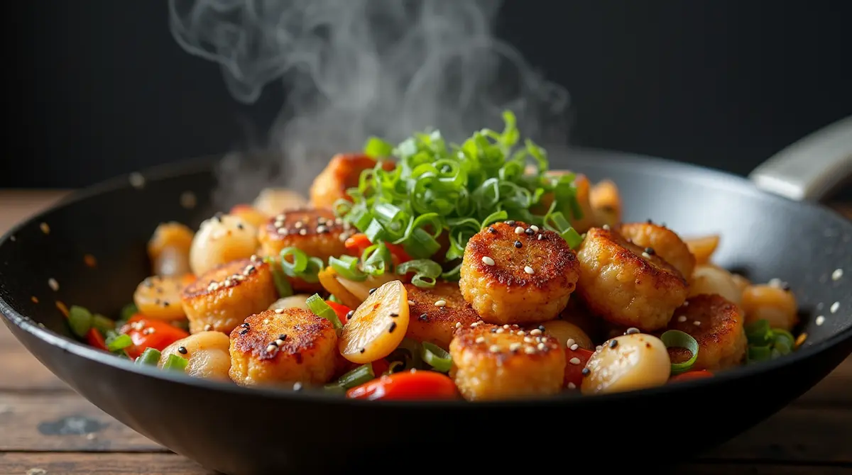 A sizzling pan of fishcakes and scallops stir fry with colorful vegetables, garnished with sesame seeds and fresh scallions.