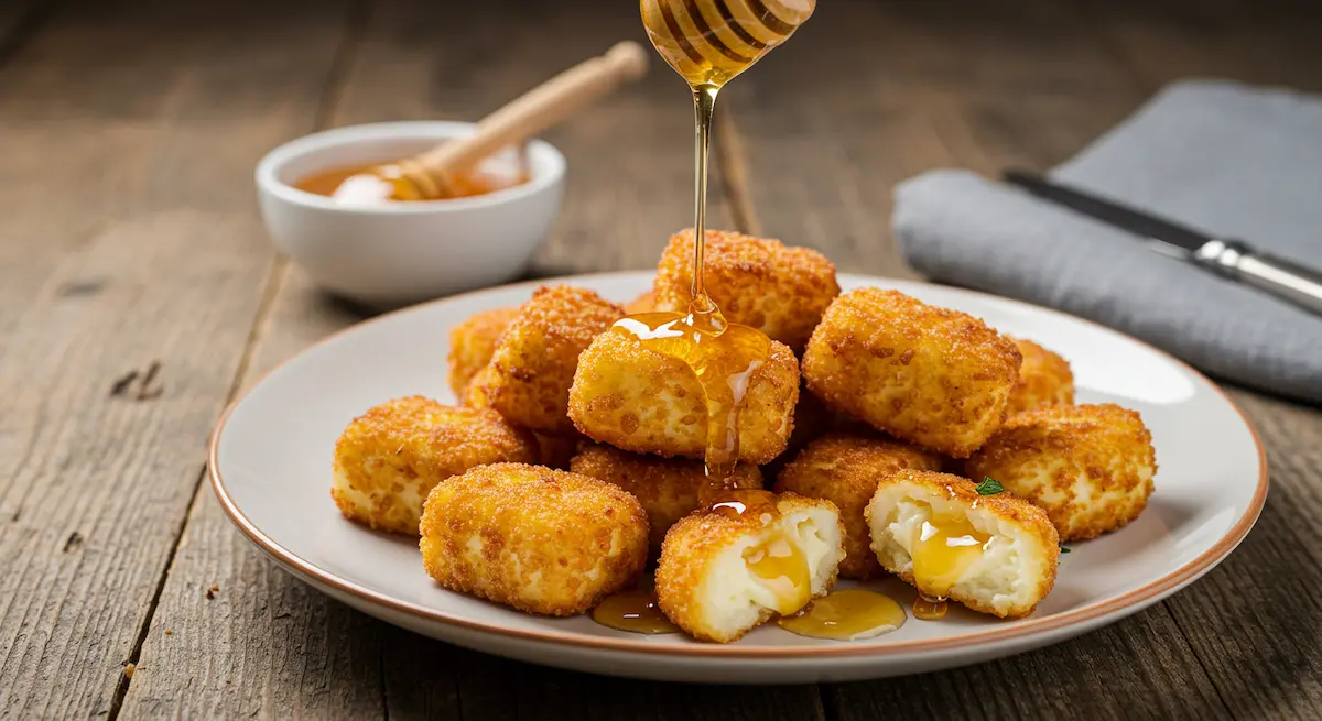 Golden, crispy oven-fried halloumi bites drizzled with spicy hot honey, served with a side of dip on a rustic plate.