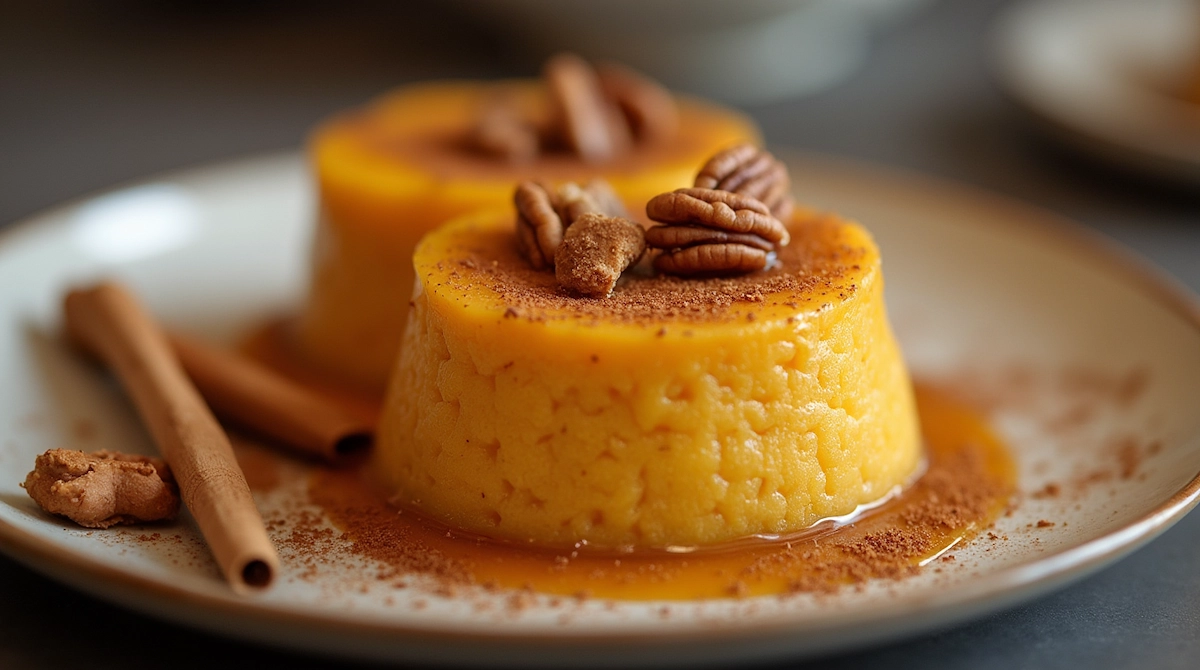 A delicious Koginut squash dessert with a smooth, creamy texture, topped with cinnamon and nuts, served on a rustic wooden plate.