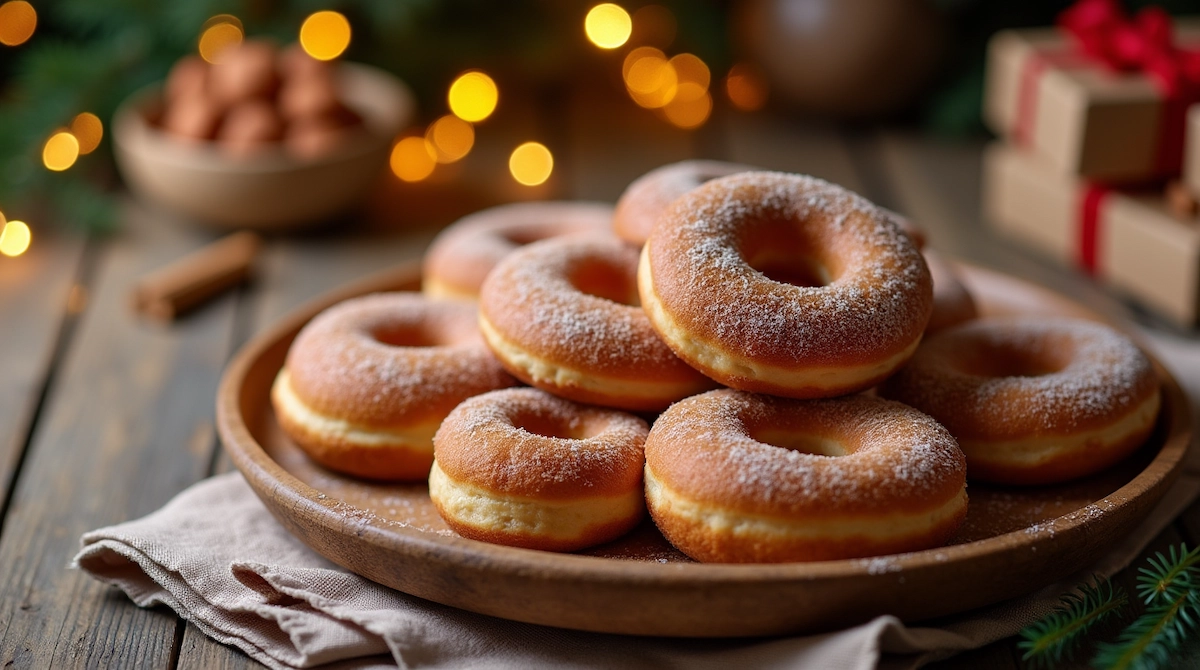 Gingerbread donuts coated in cinnamon sugar on a rustic wooden tray.